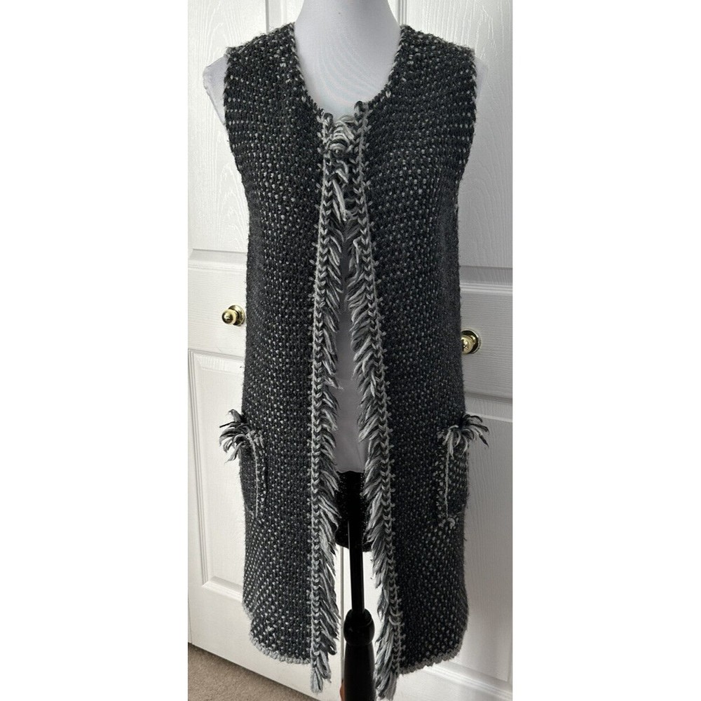 Cocogio Womens Wool Blend Long Gray Tweed Fringed Sleeveless Cardigan Sweater OS
